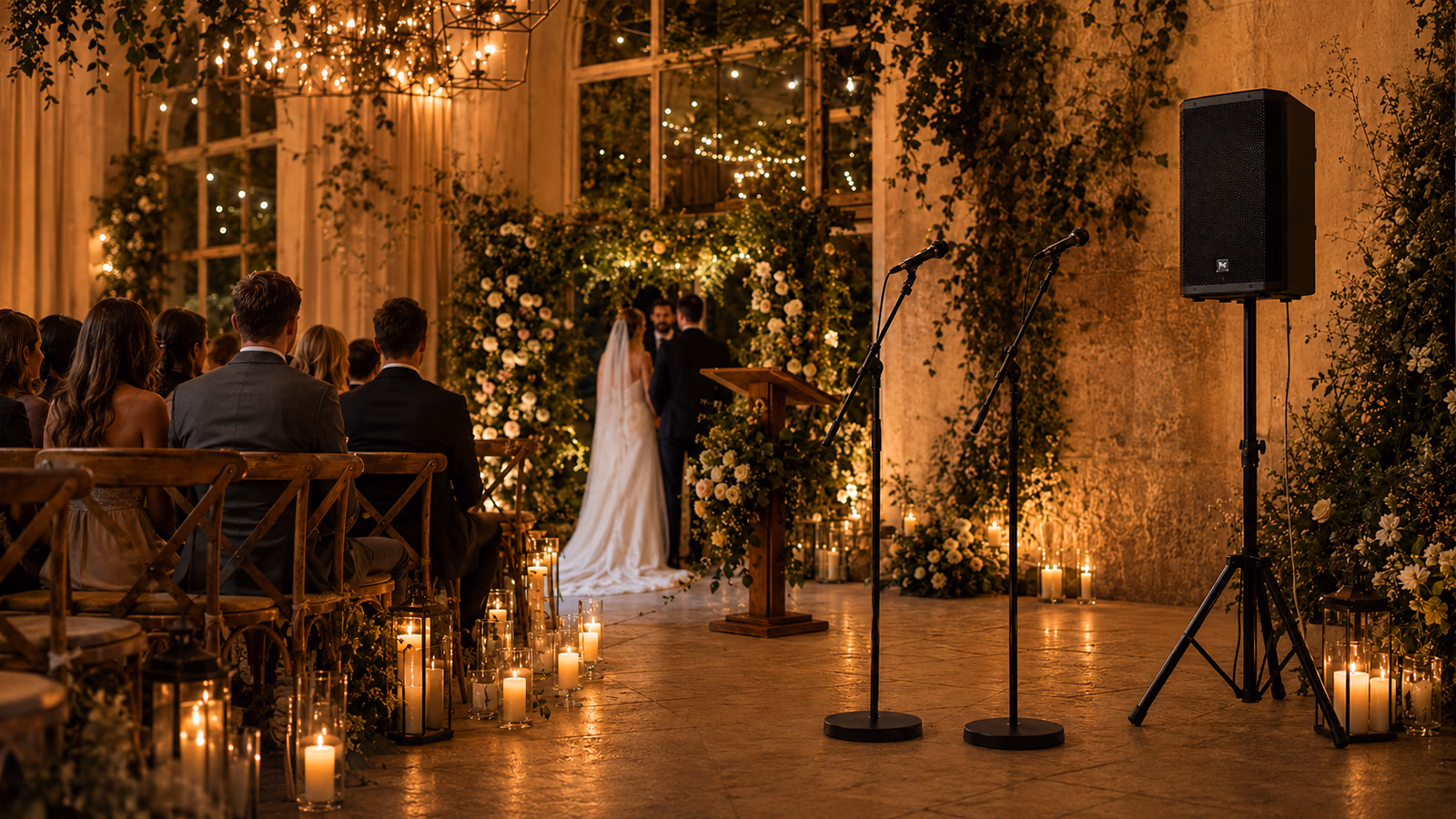 Single PA speaker, microphone and stand for wedding ceremony sound